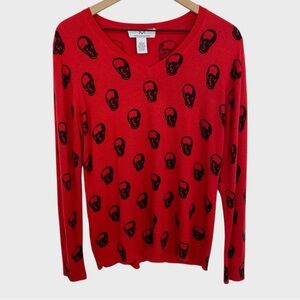 M Magaschoni Red Black Skull V Neck Sweater Size Large